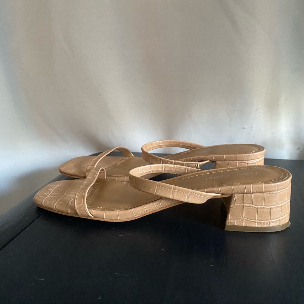 Marc Fisher Croc-Embossed Tan Strappy Low Block Heel Sandals